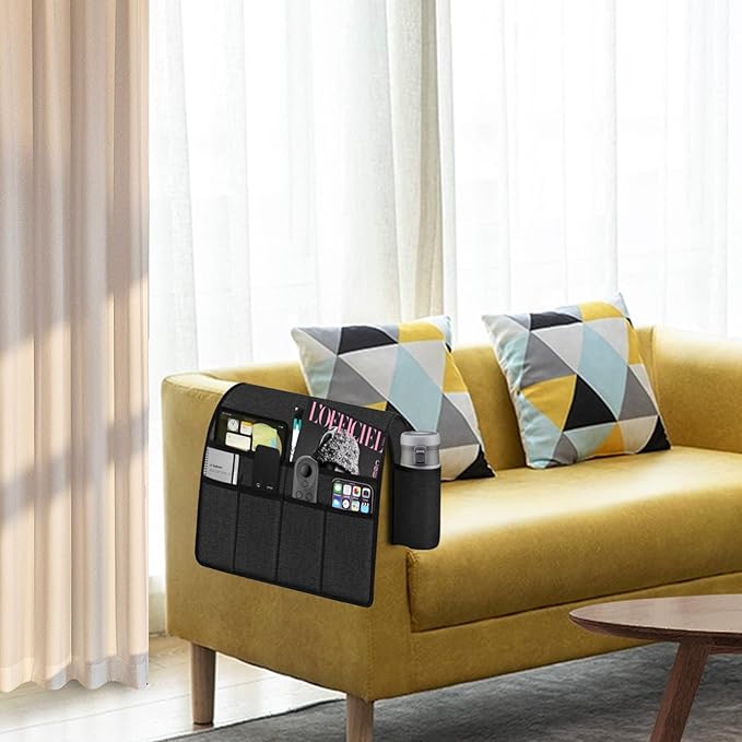 Ntomtuex Sofa Armchair Caddy Remote Control Holder with Water Bottle for Couch Recliner, Armrest Organizer with 7-Pocket Design for Magazines, Eyeglasses, iPad, Phone, Dark Grey