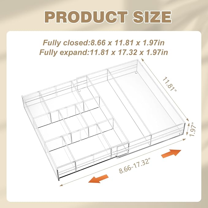 Briwooody Acrylic Drawer Organizer Clear Desk Drawer Organizer Trays with Adjustable Compartments Desk Accessories for Office Stationery Makeup Silverware Bathroom(Expandable)