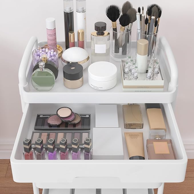 Calmootey 5-Tier Rolling Utility Cart with Drawer,Multifunctional Storage Organizer with Plastic Shelf & Metal Wheels,Storage Cart for Kitchen,Bathroom,Living Room,Office,White