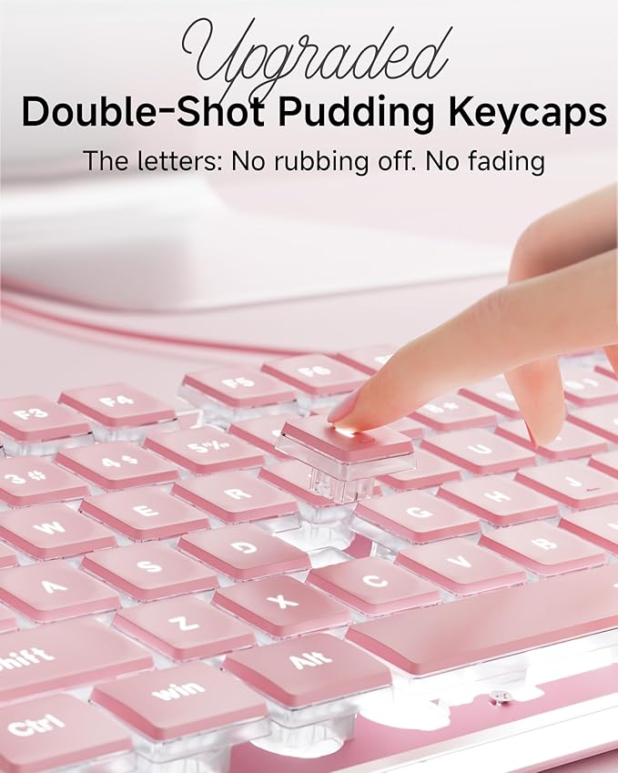EWEADN GX710S Backlit Computer Keyboards, Wired USB Keyboard with White Backlit, Metal Panel, Plug and Play, Pudding Keycaps Full Size Quite Computer Keyboard for Win/PC/Laptop-Pink