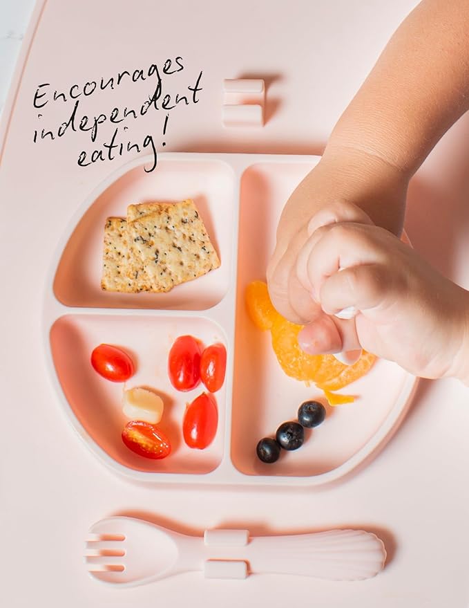 Silicone Suction Plate, Baby Toddler, Divided Plate with Fork & Spoon - Unbreakable, Non-Toxic, Food Grade Silicone, Strong Suction Grip, Spill Proof & Foldable for Travel!