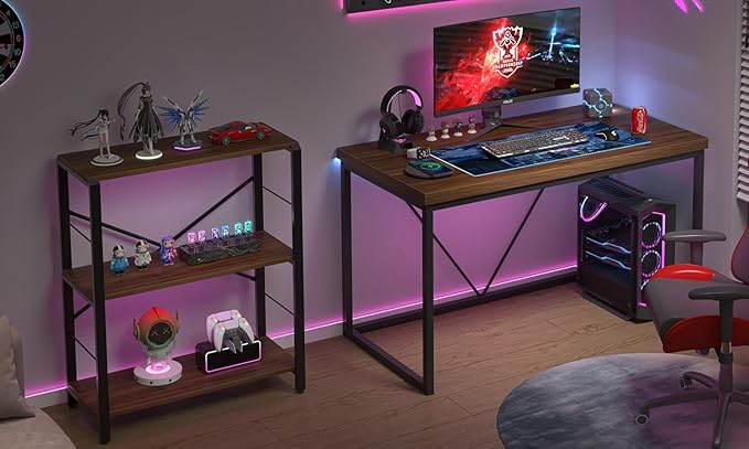 FOLUBAN Modern Office Desk, Rustic Wood and Metal Computer Desks, Industrial Study Writing Table, Simple Work Gaming PC Desk for Bedroom Living Room, Walnut 47 Inch