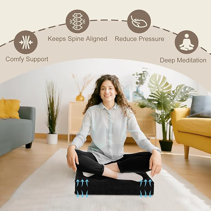 Wellsin Square Floor Pillows for Adults Kids - Meditation Floor Pillow Seating Cushion - Tufted Floor Cushion with Shredded Foam & Velvet Cover, 1 Pack, 20x20 Inch, Black