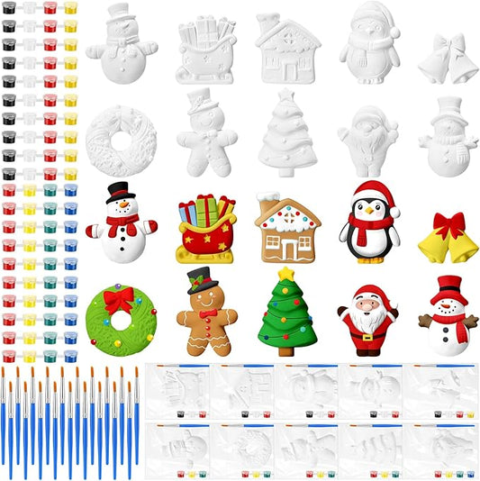 20 Set Christmas DIY Painting Kit Ceramic to Paint Your Own Snowman Santa Xmas Tree Penguin Statues Unpainted Plaster Figurines Brushes Acrylic Paints Bags Party Favor for Kids Adults