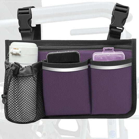Purple Wheelchair Bag, Walker Bag, Armrest Organizer Pouch with Cup Holder, Accessories for Most Wheelchairs, Walkers