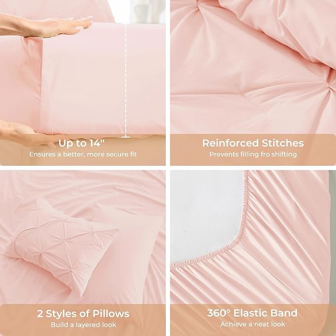 Sasttie Full Size Comforter Set, 7-Piece Bed in a Bag, Pintuck Bedding Set for All Season, Includes Comforter, Flat Sheet, Fitted Sheet, Pillowcases and Pillowshams, Blush Pink