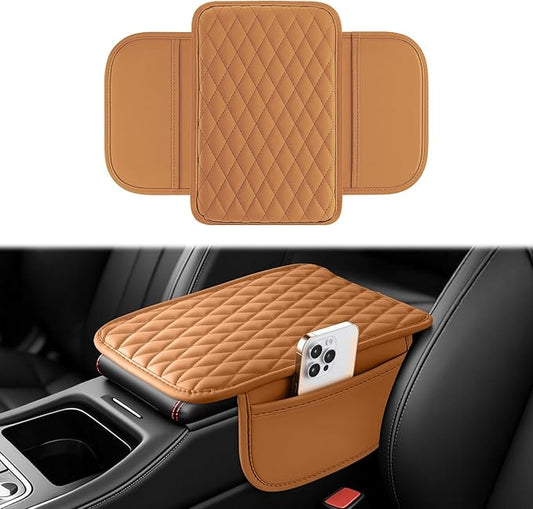 Amiss Car Center Console Cover, Upgraded Leather Car Armrest Cushion with 2 Storage Pockets, Universal Waterproof Cushion Pad, Non-Slip Car Interior Accessories, Fits Most Sedans SUVs Trucks (Orange)