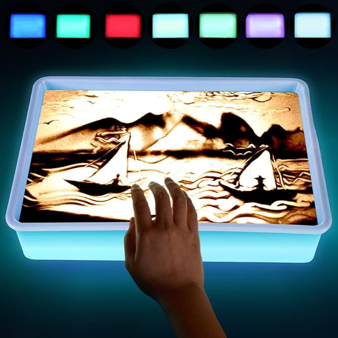 Kids Light Table Sand Painting Light Box Sand Drawing Toys Drawing Art Kits with Adjustable LED Lights in 7 Colors Sand Table (Blue)