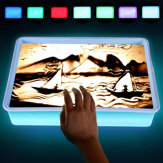Kids Light Table Sand Painting Light Box Sand Drawing Toys Drawing Art Kits with Adjustable LED Lights in 7 Colors Sand Table (Blue)