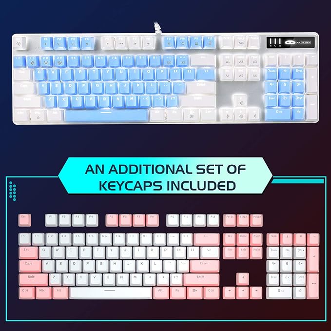 MageGee Mechanical Gaming Keyboard, 104 Keys White Backlit Mechanical Keyboards with Red Switches & Double-Shot Keycaps, Wired Ergonomic Computer Keyboard for Desktop, PC Gamers (White & Blue)