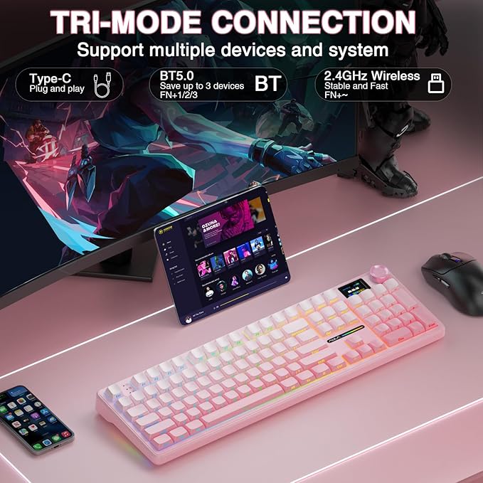AULA F108 PRO - Wireless Mechanical Keyboard with Screen & Knob,Full Size Keyboard with 8000mAh Battery,Pre-lubed Switches,Side Printed PBT Keycaps,RGB Backlit Hot Swappable Custom Pink Keyboards