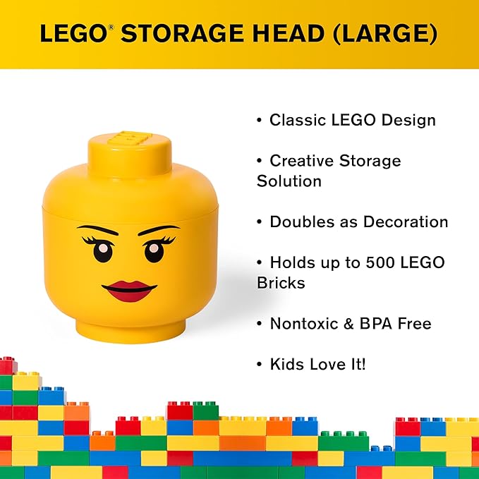 Lego Storage Head, Large, Girl, 9-1/2 x 9-1/2 x 10-3/4 Inches, Yellow