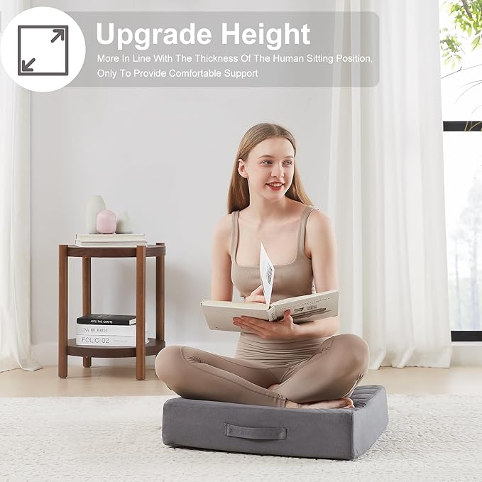 22 inches Floor Pillow for Adults - Large Meditation Cushion with Thick Foam & Soft Tufted Cover - Premium Outdoor Square Floor Cushion Seat - Yoga Pillows for Sitting On Floor - Dark Gray