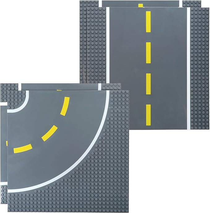 Strictly Briks Compatible with Lego Building Blocks Road Plates 10" x 10", 4 Pack Kids Brick Baseplates for City Road, Street, Race Track, Towns, Classic Size (2 Straight & 2 Curved)