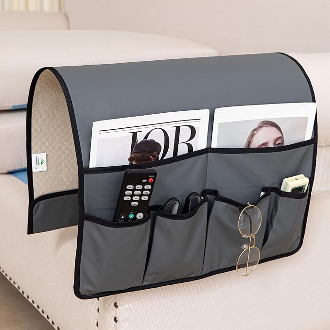 HAOMAIJIA Anti Slip Sofa Armrest Organizer Arm Chair Bedside Caddy Storage Organizer For Recliner Couch With 6 Pockets For Cell Phone Tv Remote Control (Dark Gray, 31.89 inches × 18.5 inches)