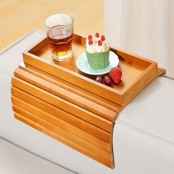 Couch Arm Tray, Bamboo Sofa Tray Table for Couch, Sofa Armrest Table, Anti-Slip Armrest Organizer, Foldable Couch Cup Holder for Snacks, Phone, Control, Cups, Light Brown