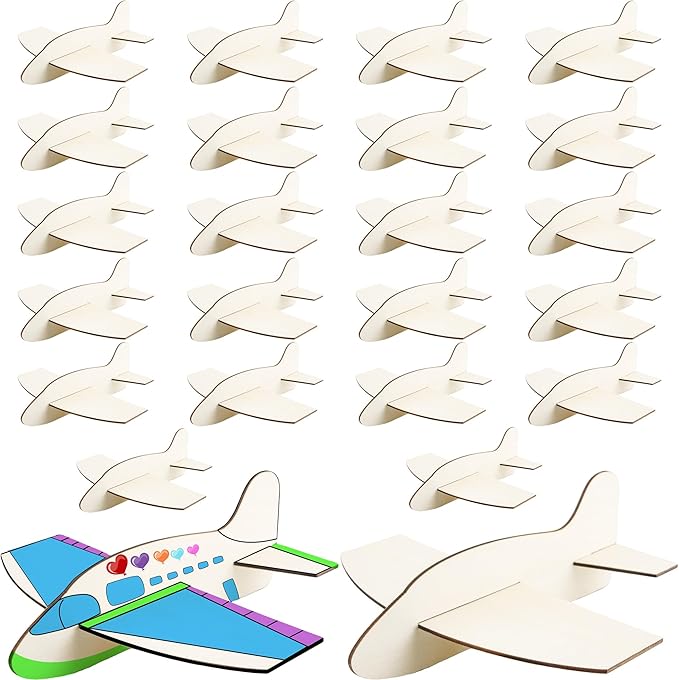 24 Pack Unfinished Wooden Airplane Model Toys DIY Model Planes Wood Plane kit Handcraft Plane to Paint for Kids School Art Activity Birthday Carnival Party (Color Style 1)