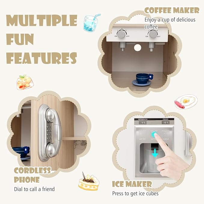 KOTEK Play Kitchen with Lights and Sounds, Wooden Toddler Kitchen Playset w/Ice Maker, Coffee Maker, 19 Accessories & Microwave, Chef Pretend Play Toy Kitchen Set for Kids Girls & Boys Ages 3+(White)
