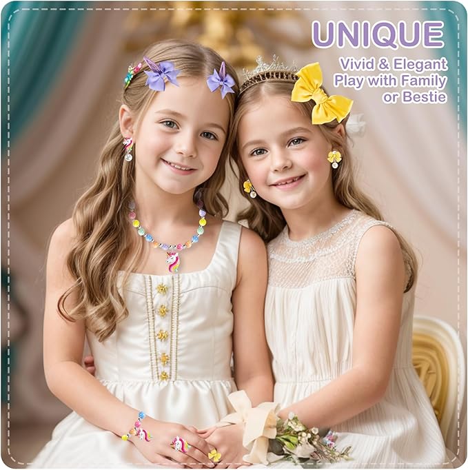 Handmade Unicorn Kids Jewelry Set for Little Girls - Elastic Necklace Bracelet - Clip On Earrings - Adjustable Rings - Bow Hair Clips - Birthday Dressup Childrens Costume w/Box Bags