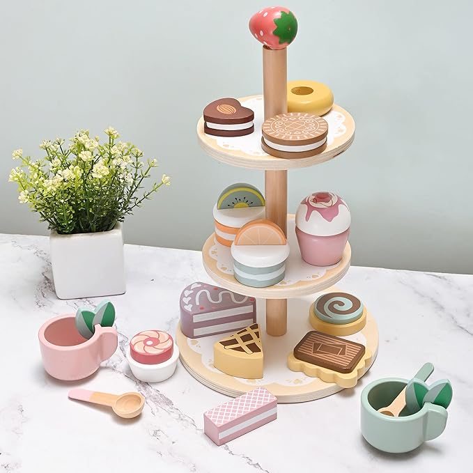 19pcs Wooden Tea Set for Little Girls, Toddler Tea Set Wooden Toys Play Kitchen Accessories with Cupcake Stand & Fake Dessert, Kids Tea Party Set Pretend Play Food Birthday Gift Playset