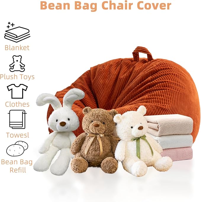 Large Stuffed Animal Storage Bean Bag Chair （No Filler）, 3 ft Giant Heavy Soft Corduroy Bean Bag Cover for Kids Teens & Adults，Round Fluffy Sofa for Home Living Room Bedroom College Dorm