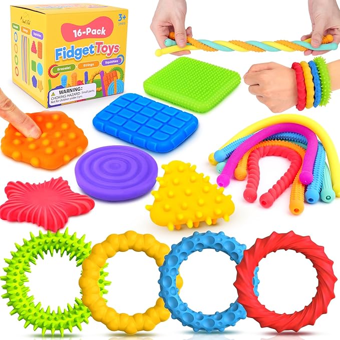Fidget Sensory Toys for Kids Toddlers: 16 Pack Super Soft & Textured Squishy Sensory Fidget Toys for Autistic Children Special Needs | Sensory Stretchy Toys | Calm Down Toy for Toddler Girls Boys