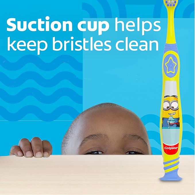 Colgate Kids Toothbrush, Minions, With Extra Soft Bristles and Built In Suction Cup Holder, 4 Pack