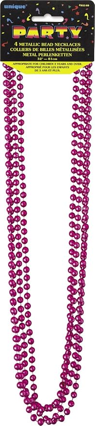Hot Pink Metallic Bead Necklaces - 32" (Pack of 4) - Vibrant & Eye-Catching Party Accessory - Ideal for Mardi Gras, Bachelorette, & More