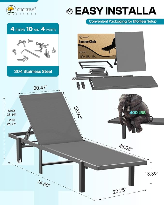 Pool Chaise Lounge Chair Set of 4, Outdoor Lounge Chairs with Wheels, 5-Position Adjustable Sun Loungers for Outside, Deck, Beach, Grey