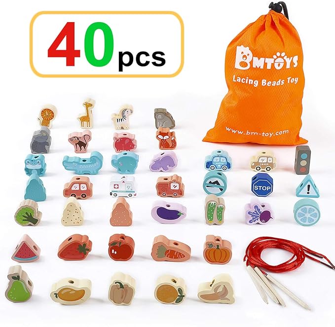 BMTOYS Montessori Educational Threading Toys Wooden Stringing Traffic Wild Animals Fruits Lacing Beads Preschool Toy for Toddler 18 Month 1 2 3 4 5 Year Old Boys Girls