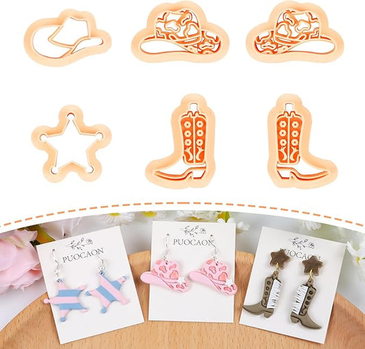 Puocaon Cowgirl Polymer Clay Cutters - 6 Pcs Clay Cutters for Polymer Clay Jewelry, Spot Cowboy Hat Shape Polymer Clay Earring Cutters, Star Clay Jewelry Cutters, Desert Boot Clay Cutters Set