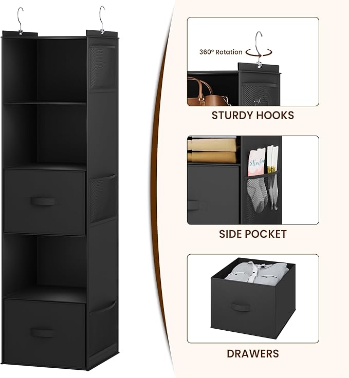 YOUDENOVA Hanging Closet Organizer, 5 Tier Hanging Closet Shelves with Drawers and 6 Side Pockets, Black
