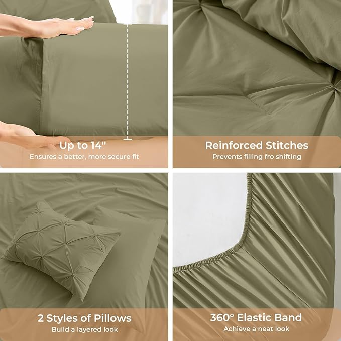 Sasttie Queen Comforter Set, 7-Piece Bed in a Bag, Pintuck Bedding Sets for All Season, Includes Comforter, Flat Sheet, Fitted Sheet, Pillowcases and Pillowshams, Olive Green