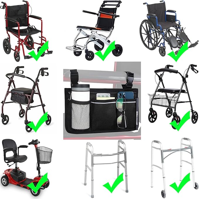 Wheelchair Side Bag, Wheelchair Armrest Storage Pouch with Cup Holder Use of Waterproof Fabric, for Most Wheelchairs, Walkers or Rollators (Black)