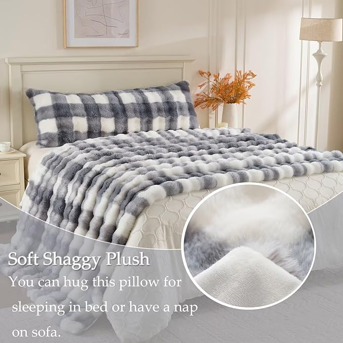 Luxury Shaggy Faux Fur Body Pillow,Fluffy Bed Pillow with Zipper Closure,Soft Decorative Plush Full Long Pillows,Fuzzy Hug Pillow for Living Room Side Sleeper & Pregnancy 20"x54" White and Grey