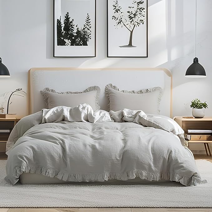 Simple&Opulence 100% Linen Duvet Cover Set, 3 PCS Natural French Flax Light Grey Ruffle Duvet Cover Full Size, Breathable Comfy Linen Bedding Comforter Cover with 2 Pillowcases (Light Grey, 78" X 86")