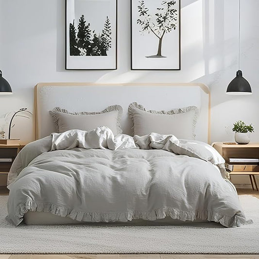 Simple&Opulence 100% Linen Duvet Cover Set, 3 PCS Natural French Flax Light Grey Ruffle Duvet Cover King Size, Breathable Comfy Linen Bedding Comforter Cover with 2 Pillowcases(Light Grey, 104"X 92")