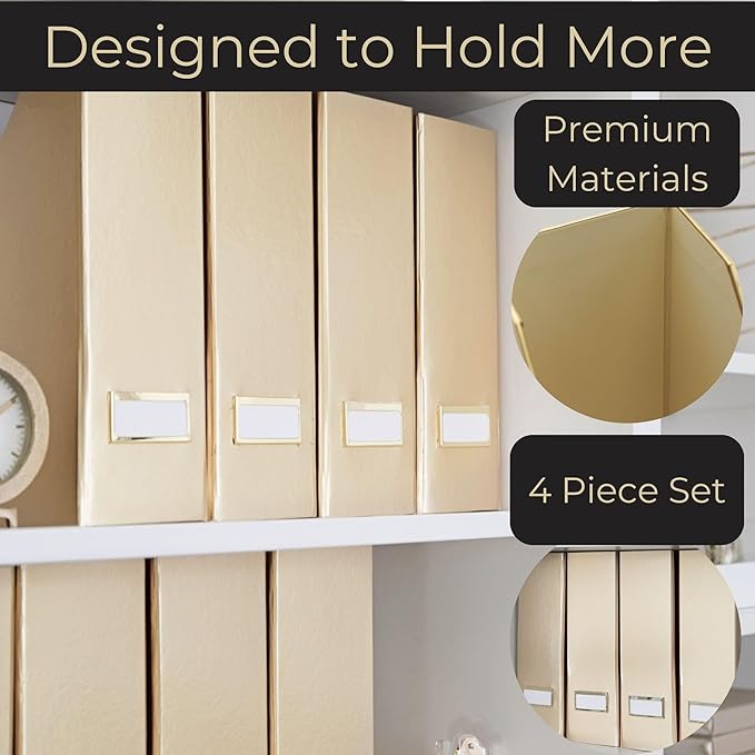 BLU MONACO | Gold Cardboard Magazine File Holder Set of 4 | Vertical Magazine File Holder for Shelves | Standing File Holder Desk Organizer