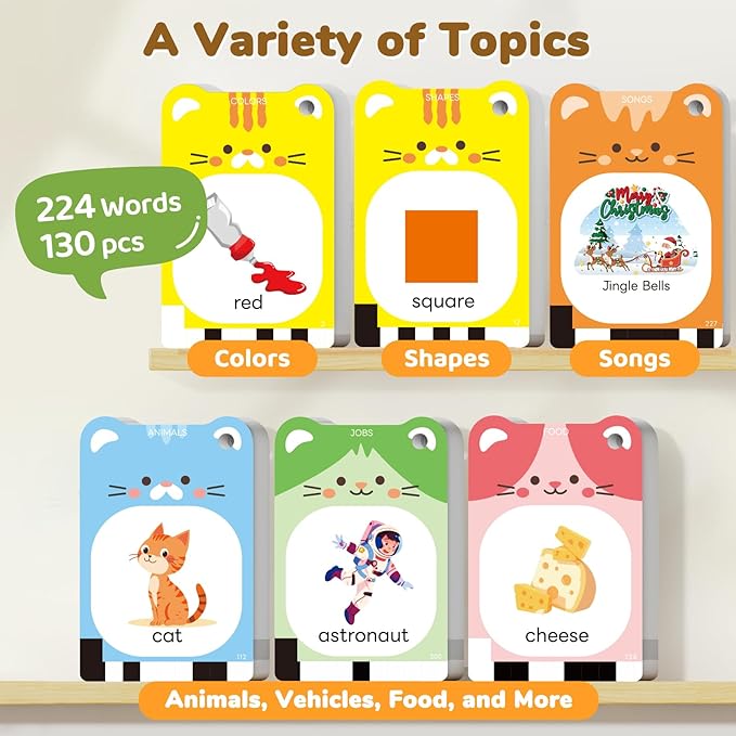 Talking Flash Cards for Toddlers 1-5 Clear Voice & Thick Cards & Easy to Slide in and Out, Independent Play & Speech Development Toys, 16 Topics