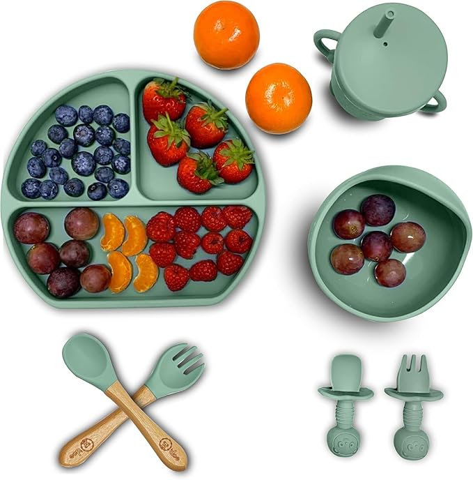 O'doe 17-Piece BPA-Free Silicone Baby Feeding Set | Thick & Soft Suction Plates, Baby Bowls, Wooden Fork & Spoon, and More | Make Mealtime Fun and Easy for Your Little One (Beige and Green, V3)