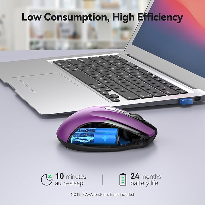 TECKNET Wireless Mouse, 2.4G Ergonomic Optical Mouse, Computer Mouse for Laptop, PC, Computer, Chromebook, Notebook, 6 Buttons, 24 Months Battery Life, 2600 DPI, 5 Adjustment Levels