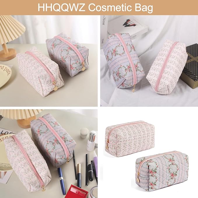 HHQQWZ Makeup Bag Travel Cosmetic Bag for Women Girls, Zipper Make Up Pouch, Floral Flowers Toiletry Organizer Makeup, Portable Storage Bag, Cosmetic Travel Cloth Bag (Pink+Blue)
