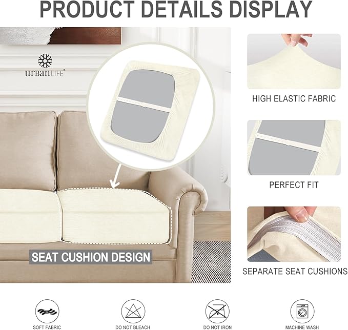 URBANLIFE Stretch Couch Cushion Covers Set of 3 – Replacement Individual Sofa Seat and Back Cushion Slipcovers with Full Elastic Hem, Soft Textured Fabric, Fits 27"x38", Machine Washable (Cream)