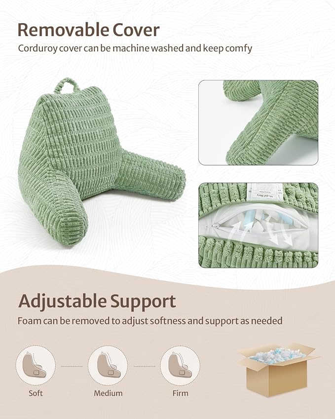Blissful Diary Reading Pillow, Large Backrest Pillow with Shredded Memory Foam for Adult & Children, Designed for Bed and Couch Sitting Up, Includes Arms, Pockets and Washable Cover, Sage Green