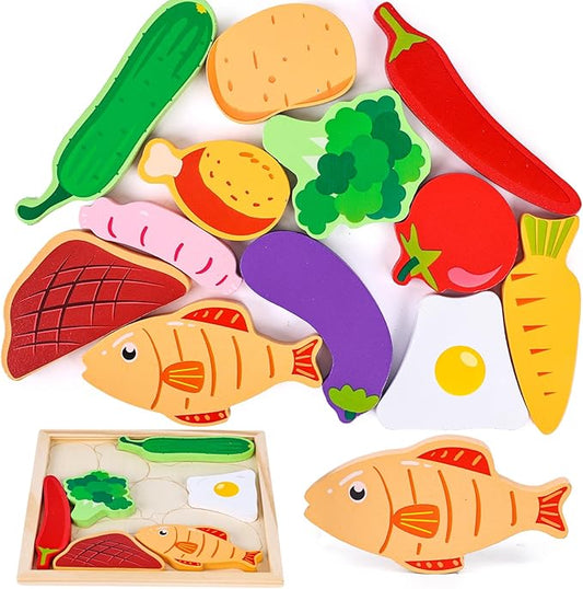 LovesTown 12PCS Wooden Food Stacking Puzzles, Chunky Jigsaw Puzzles, Montessori Toys Educational Preschool Activities Fine Motor Toys for Kids