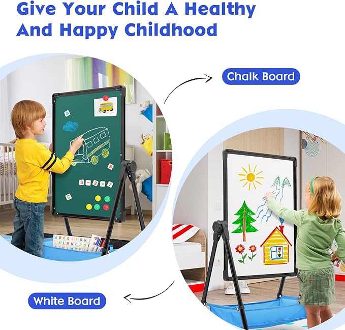 Kids Standing Easel 29.5inch-44inch Height Adjustable 360°Rotating Whiteboard&Chalkboard Double Sided Easel for Kids