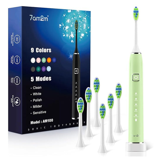 7AM2M Sonic Electric Toothbrush with 6 Brush Heads for Adults&Kids, One Charge for 120 Days, Wireless Fast Charge, 5 Modes, 40000VPM Powered Toothbrush, 2 Minutes Built in Smart Timer (Light Green)