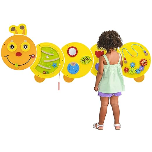 SPARK & WOW Caterpillar Activity Wall Panels | Yellow | Ages 18m+ | Montessori Sensory Wall Toy | 10 Activities | Busy Board | Toddler Room Décor
