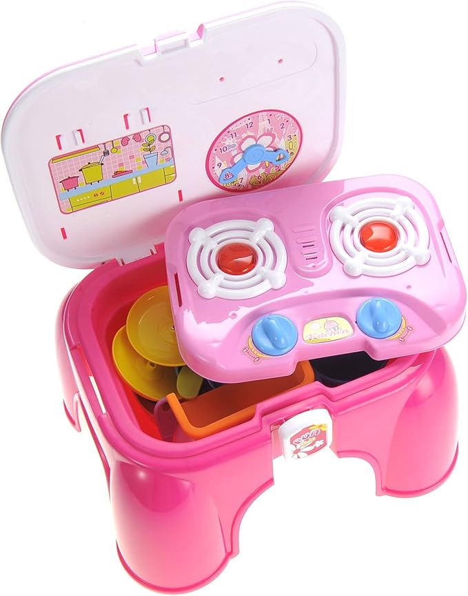 Kids Electric Kitchen Cooking Set Toy | Lights & Sounds | Folds into Step Stool | Portable & Easy to Store Unique Play Set