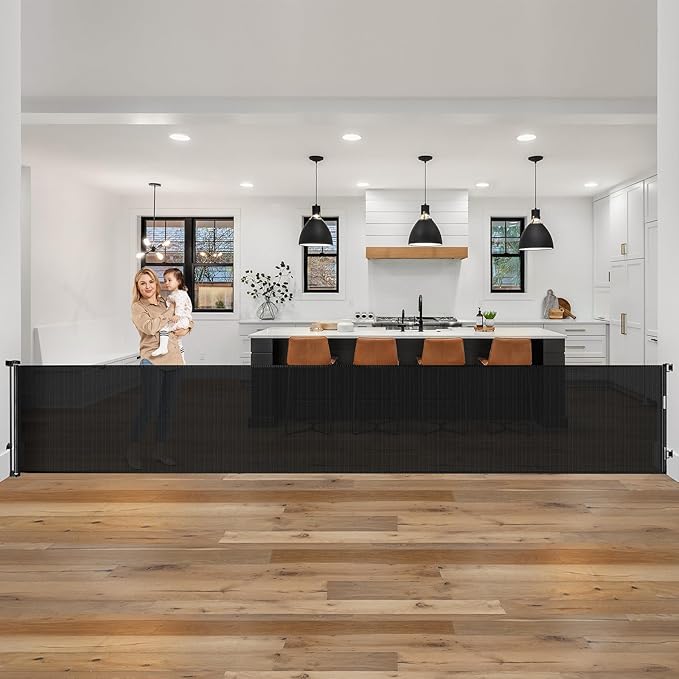 185 Inch Extra Long Baby Gates for Large Openings, Retractable Baby Gates Extra Wide Retractable Dog Gate Outdoor Retractable Gate Indoor Extra Large Baby Gate, Mesh Gates for Kids Or Pets, Black